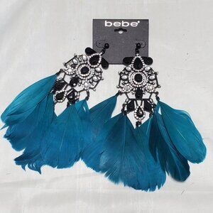 Bebe silver & black  rhinestone & green feathers dangle earrings